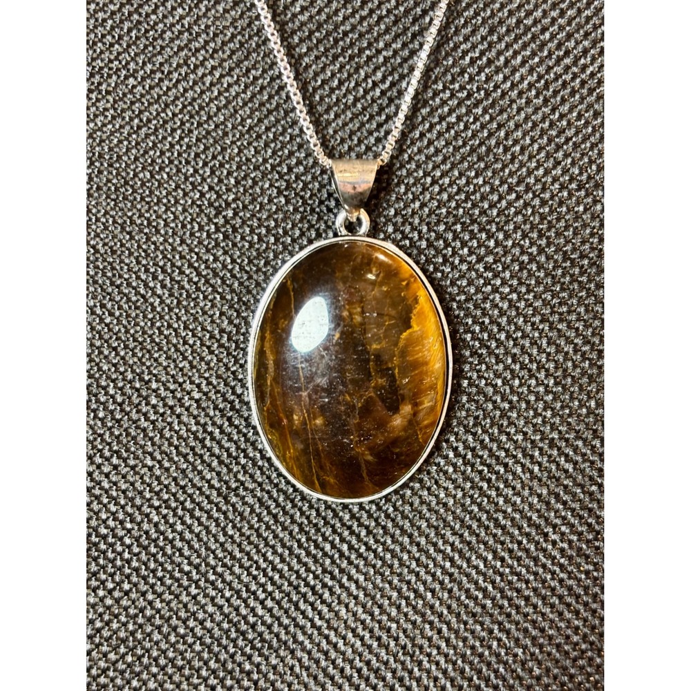 Tigers Eye Tree of Life Reversible Pendant Necklace Stainless Steel Box Chain